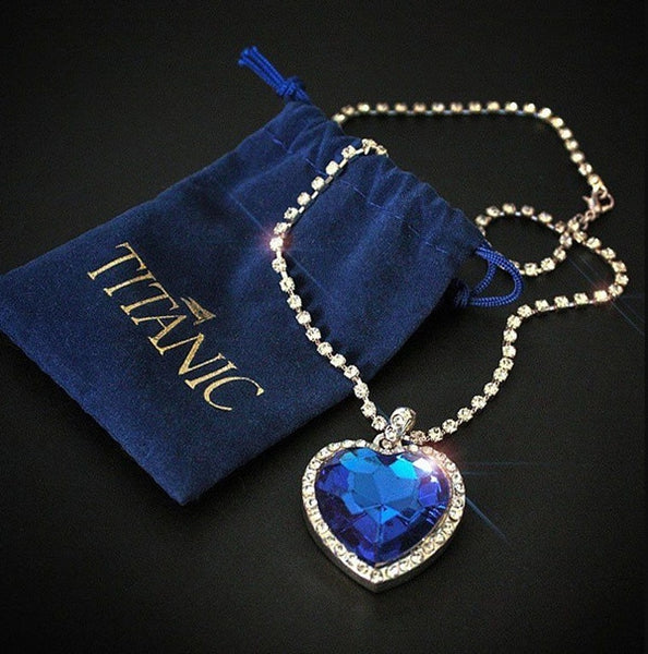 Titanic Heart of Ocean blue heart love forever pendant Necklace + velvet bag - cutebobo