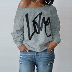 Sexy LOVE Letter Printed Off Shoulder Long Sleeved Pullovers - cutebobo
