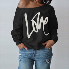 Sexy LOVE Letter Printed Off Shoulder Long Sleeved Pullovers - cutebobo