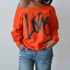 Sexy LOVE Letter Printed Off Shoulder Long Sleeved Pullovers - cutebobo