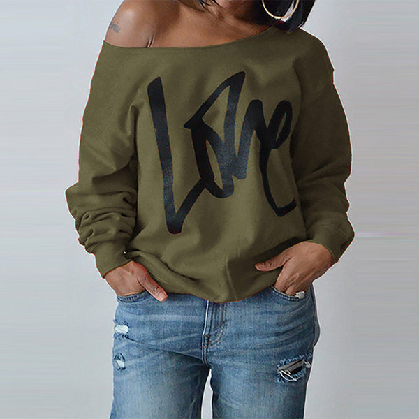 Sexy LOVE Letter Printed Off Shoulder Long Sleeved Pullovers - cutebobo