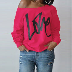 Sexy LOVE Letter Printed Off Shoulder Long Sleeved Pullovers - cutebobo